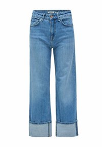 Jeans de mezclilla de corte ancho en azul claro con una cintura alta, dos bolsillos frontales y puños enrollados. Textura suave con un diseño clásico de cinco bolsillos.