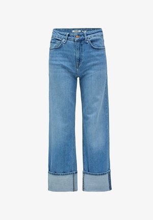 Jeans en denim bleu clair à jambes larges, avec une taille haute, deux poches avant et des ourlets retroussés. Texture lisse avec un design classique à cinq poches.