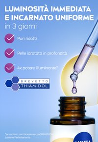 Bottiglia di vetro scuro con contagocce, contenente un siero di colore viola chiaro. Presenta un logo esagonale e il nome del prodotto, con del testo sui benefici per la pelle sullo sfondo.