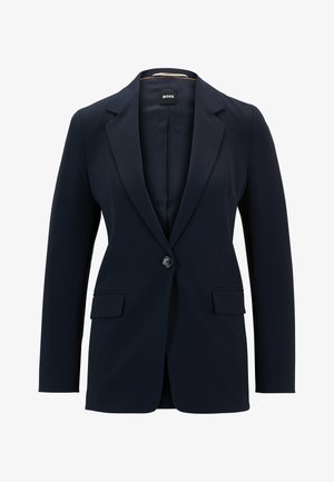 Navy blazer made of smooth fabric, featuring a single button closure, notched lapels, and two front pockets. Simple, tailored design.