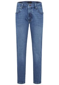 Niebieskie dżinsy o prostym kroju, z pięcioma kieszeniami, zamkiem błyskawicznym i dyskretnymi detalami przeszycia. Gładka tekstura i klasyczny design.