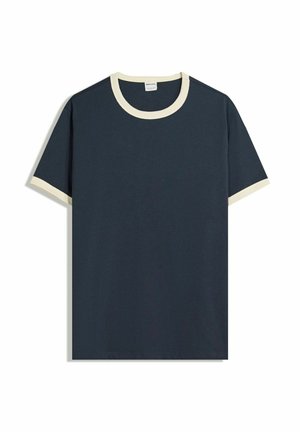 Navy cotton t-shirt with cream contrast round collar and sleeve hems. Short sleeves, relaxed fit, smooth texture, no visible patterns.