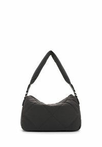 Borsa nera trapuntata con forma arrotondata, dotata di una tracolla imbottita e di una chiusura con zipper, con dettagli di sottili motivi a diamante.