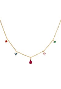 Goldene Kettenhalskette mit fünf mehrfarbigen Edelsteinen: rot, grün, blau, pink und einem birnenförmigen pinken Stein, mit einem filigranen Design.