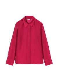 Chemise à manches longues fuchsia avec un col pointu, fermeture à boutons sur le devant et manches légèrement froncées, en tissu lisse et léger.