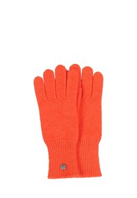 Gants tricotés orange avec des poignets côtelés et un accent en métal. Présentent une texture lisse et des compartiments pour les doigts afin de garantir une chaleur individuelle.