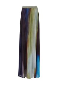 Gelaagde maxi-jurk met een brede elastische tailleband. Kenmerkt zich door een verlooppatroon van paarse, groene en blauwe tinten, gemaakt van lichte stof.