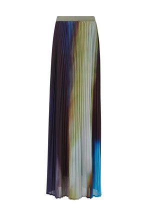 Gelaagde maxi-jurk met een brede elastische tailleband. Kenmerkt zich door een verlooppatroon van paarse, groene en blauwe tinten, gemaakt van lichte stof.