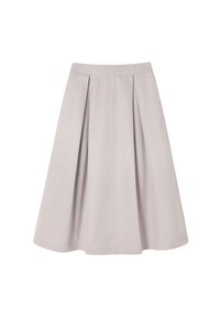Jupe midi plissée en tissu gris clair avec une texture lisse, présentant une taille ajustée et une silhouette évasée.