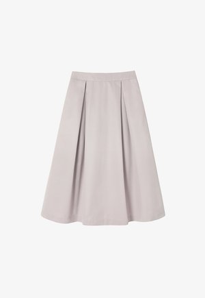 Pleated midi skirt in light gray fabric with a smooth texture, featuring a fitted waistband and a flared silhouette.