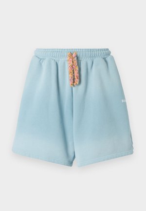 Light blue cotton shorts with an elastic waistband and a colorful, textured drawstring. Features a subtle logo on the hem.