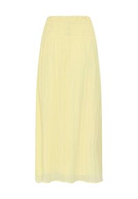 Jupe longue jaune clair aux chevilles avec une taille élastique froncée et une texture de tissu fluide et plissée.