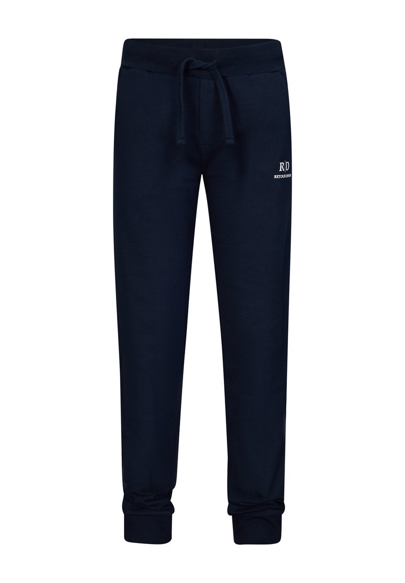 Dunkelblaue Jogginghose aus weichem Baumwollstoff, mit elastischem Bund und verstellbarem Kordelzug sowie eng anliegenden Bündchen. Kleines Logo auf der Vorderseite.