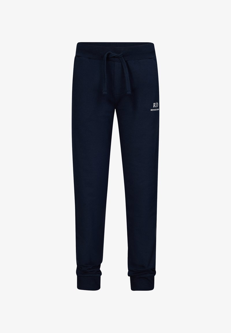 Dunkelblaue Jogginghose aus weichem Baumwollstoff, mit elastischem Bund und verstellbarem Kordelzug sowie eng anliegenden Bündchen. Kleines Logo auf der Vorderseite.