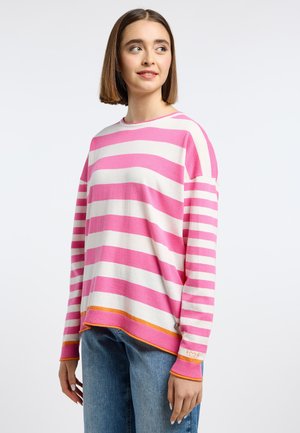 Roze en witte gestreepte trui met lange mouwen, ronde halslijn en oranje accenten aan de zoom en manchetten. Zachte, textuurstof.