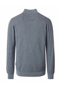 Maglione grigio a maniche lunghe da uomo in maglia, con colletto a risvolto, polsini e orlo a coste, mostrato da dietro su uno sfondo bianco.