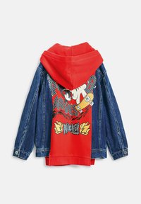 Denim jacket with a red hood. Back features graphic design with skateboard, flames, and character print. Contrast stitching and classic fit.