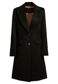 Zwarte wollen jas met een getailleerde pasvorm, voorzien van een notch-lapel, twee voorzakken en een gewatteerde bruine voering. Inclusief twee knopen.