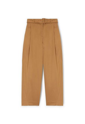 Pantaloni beige con vita rifinita da una cintura, davanti plissettato, gambe dritte e tessuto liscio al tatto. Presentano un design pulito senza motivi.
