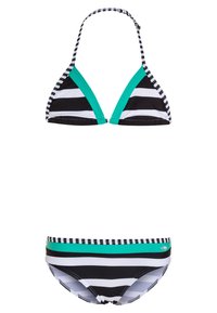 Gestreiftes Bikini-Set in Schwarz, Weiß und Teal. Das Oberteil hat dreieckige Cups mit Halterhals; der Unterteil hat ein einfarbiges Teal-Band und ein gestreiftes Design.