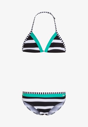 Gestreiftes Bikini-Set in Schwarz, Weiß und Teal. Das Oberteil hat dreieckige Cups mit Halterhals; der Unterteil hat ein einfarbiges Teal-Band und ein gestreiftes Design.