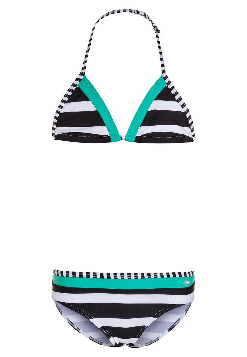 Gestreiftes Bikini-Set in Schwarz, Weiß und Teal. Das Oberteil hat dreieckige Cups mit Halterhals; der Unterteil hat ein einfarbiges Teal-Band und ein gestreiftes Design.