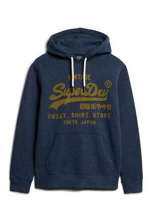 Hoodie in donkerblauwe stof, met een vooraanstaande kangoeroezak, crèmekleurige koordjes en een vintage gouden printlogo op de borst.