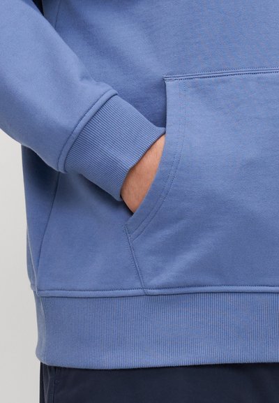 Sudadera de color azul claro con puños y dobladillo de canalé, que cuenta con un bolsillo tipo canguro. Textura suave y diseño sencillo.