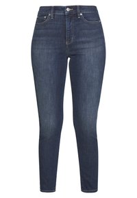 High-waisted dark blue skinny jeans made of denim, featuring five pockets and a front button closure with minimal fading.
