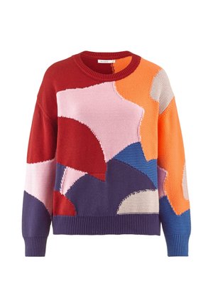 Maglione lavorato a maglia con scollo a girocollo e un audace motivo geometrico nei toni di rosso, rosa, arancione, viola e blu con accenti testurizzati.