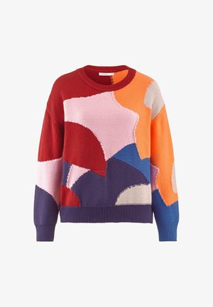 Suéter de punto con un cuello redondo y un atrevido patrón geométrico en tonos rojos, rosas, naranjas, morados y azules, con acentos texturizados.