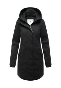 Dark gray hooded coat with a zip closure, two front pockets, and a slightly longer back hem. Made of warm, textured fabric.