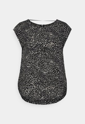 T-shirt preta com um padrão branco em espiral, mangas curtas, decote redondo e barra curva. Feita de tecido leve.