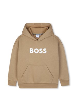 Sweat à capuche beige avec poche avant et le mot "BOSS" imprimé en blanc sur la poitrine