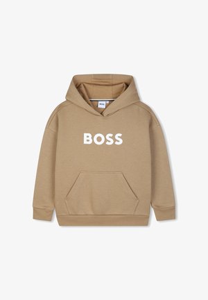 Beige capuchonsweater met voorzak en het woord "BOSS" in het wit gedrukt over de borst
