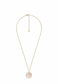 Collana color oro con un pendente circolare dotato di un'inserto in madreperla rosa e un simbolo zodiacale, chiusa con un gancio a granchio.
