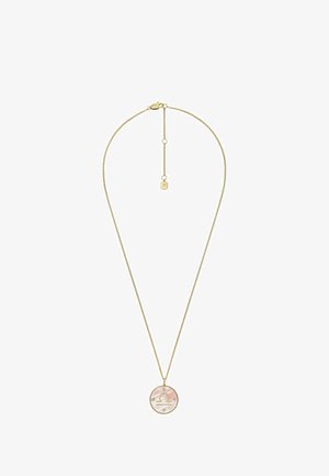 Gouden halsketting met een ronde hanger met een inleg van roze parelmoer en een sterrenbeeldsymbool, bevestigd met een karabijnsluiting.