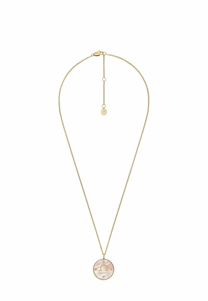 Collana color oro con un pendente circolare dotato di un'inserto in madreperla rosa e un simbolo zodiacale, chiusa con un gancio a granchio.
