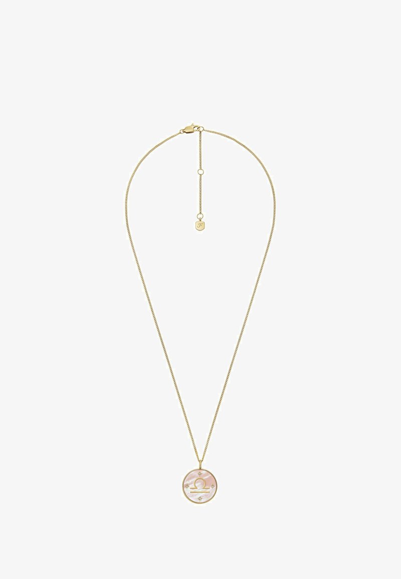 Halskette mit Gold-Finish, die einen runden Anhänger mit einem Inlay aus rosa Perlmutt und einem Sternzeichen-Symbol zeigt, gesichert mit einem Karabinerverschluss.