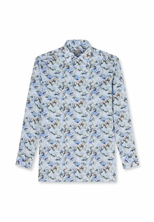 Langärmeliges Herrenhemd mit Knopfleiste, hellblauem und braunem Blumenmuster auf weißem Hintergrund.