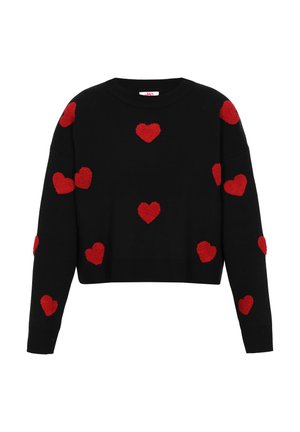 Melns krekls ar garām piedurknēm, rotāts ar sarkaniem mīkstiem sirds rakstiem visā virsmā. Ribota apakšmalu un piedurkņu apdare, īsāks dizains. Mīksta tekstūra.