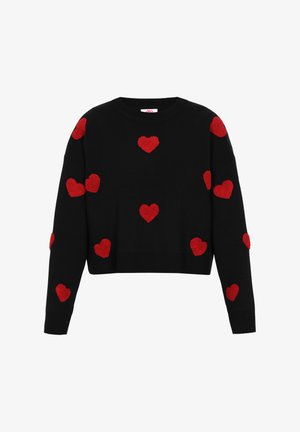 Melns krekls ar garām piedurknēm, rotāts ar sarkaniem mīkstiem sirds rakstiem visā virsmā. Ribota apakšmalu un piedurkņu apdare, īsāks dizains. Mīksta tekstūra.