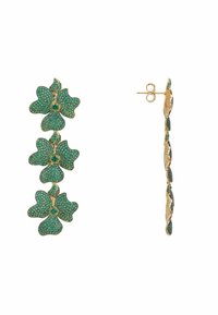 Green floral earrings with gold accents, featuring a textured, sparkling design and a post back closure. Ideal for statement wear.