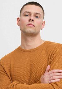 Brązowy sweter z teksturowanym splotem, okrągłym dekoltem i długimi rękawami. Modelka ma krótkie włosy i skrzyżowane ramiona, nosi srebrny kolczyk.