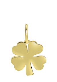 Gouden klavert pendant met vier bladeren, voorzien van gladde, reflecterende oppervlakken. Heeft afgeronde bladranden en een eenvoudige lus voor bevestiging.