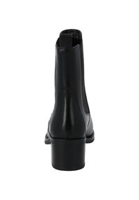 Black leather ankle boots with a rounded toe and a low block heel. Features elastic side panels and smooth texture. Back view shown.
