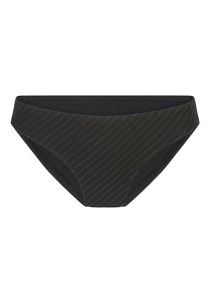 Schwarze Badehose mit glatter Textur, die dünne bronzefarbene Streifen aufweist. Das Design hat eine mittlere Leibhöhe und einen sportlichen Schnitt für eine gute Abdeckung.