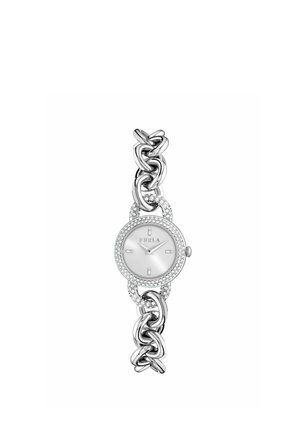 Zilveren Furla polshorloge met kristallen bezet lunette en schakels, ronde wijzerplaat met minimalistische markeringen en schakelarmband.