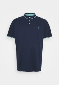 Marineblå polo-shirt lavet af bomuld, med kontrasterende lysegrøn krave og ærmer, tre-knaps lukning og lille logo på brystet.