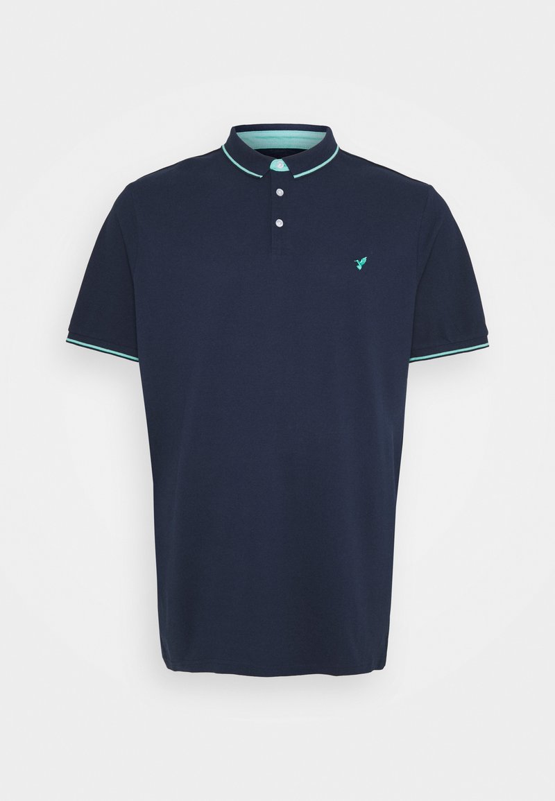 Marineblaues Polo-Shirt aus Baumwolle mit einem kontrastierenden hellgrünen Kragen und Ärmeln, Drei-Knopf-Leiste und kleinem Logo auf der Brust.